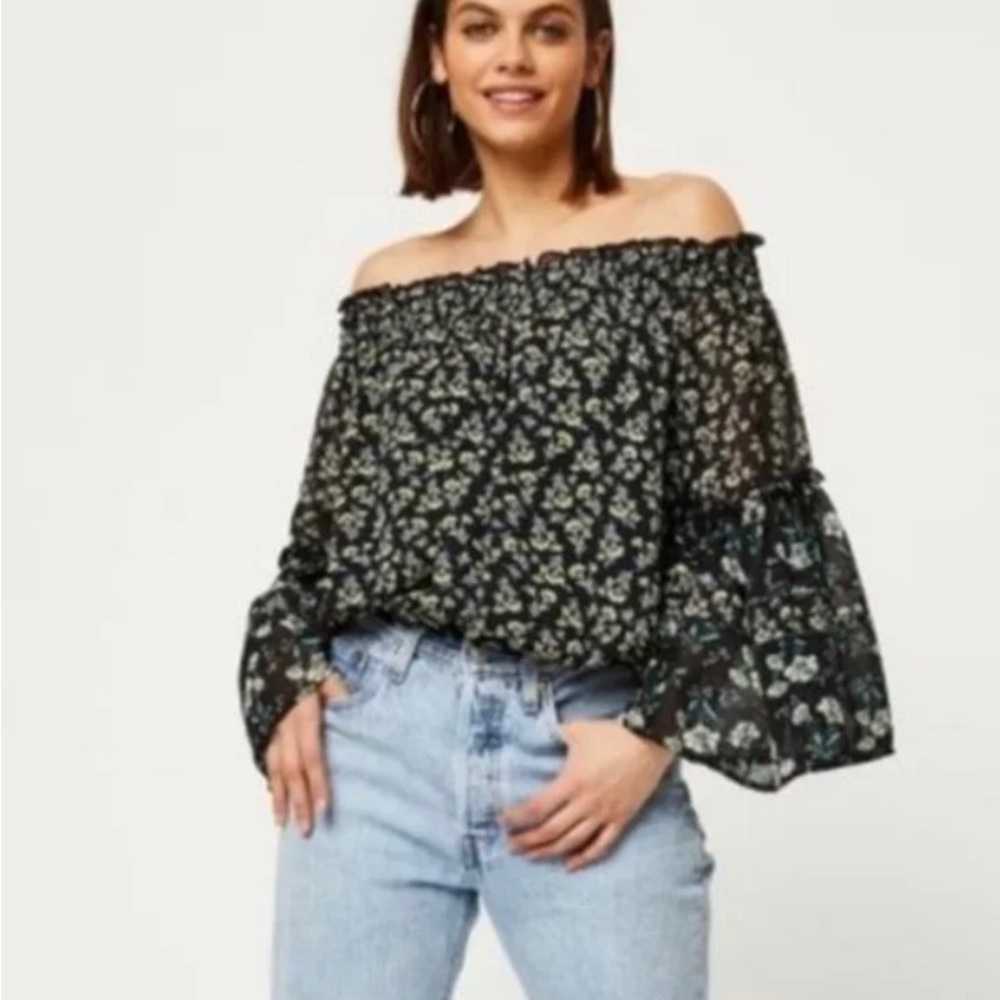 NWT Free People Rose Valley Black Floral Off the Shoulder Blouse Size XS